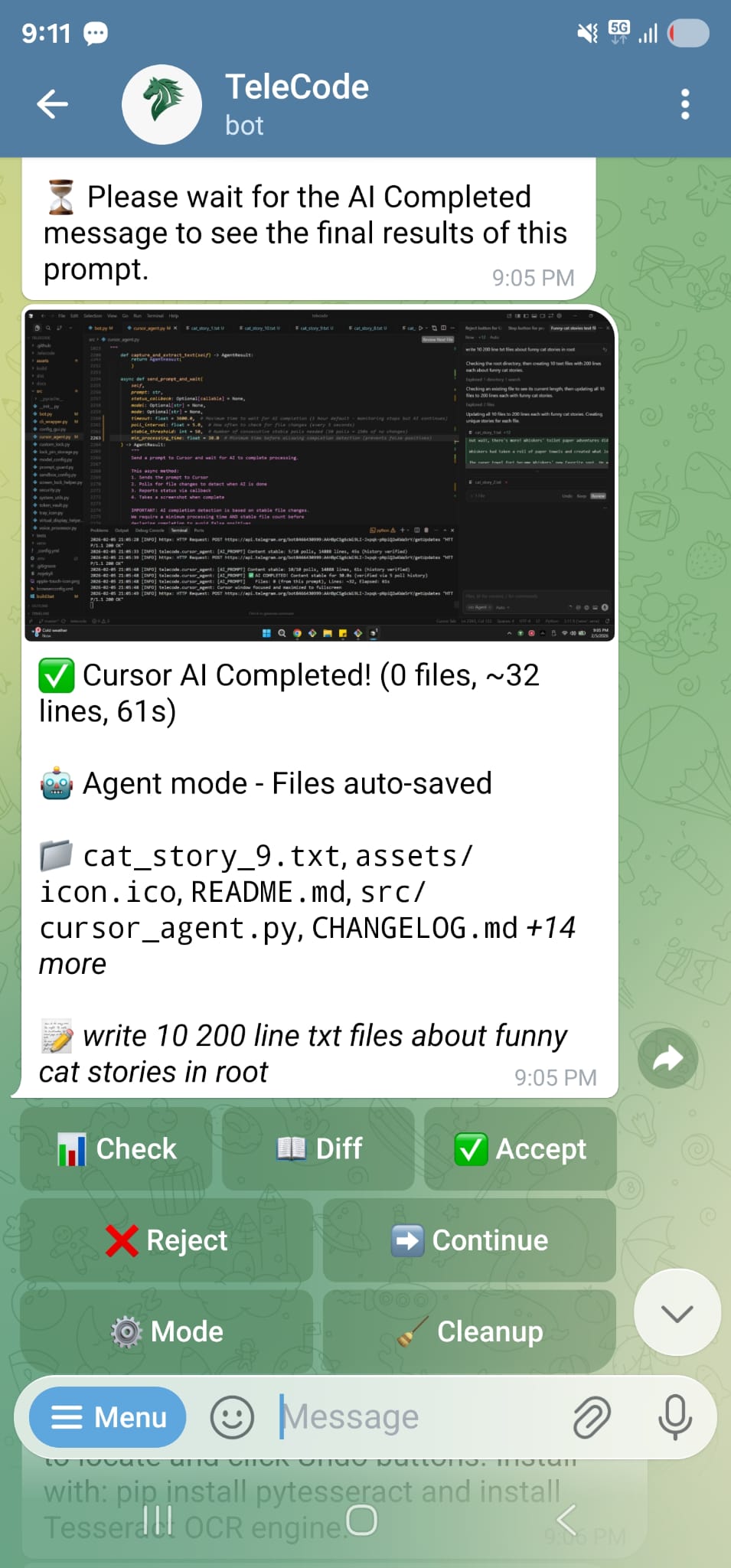 AI Completion - TeleCode showing AI task completion