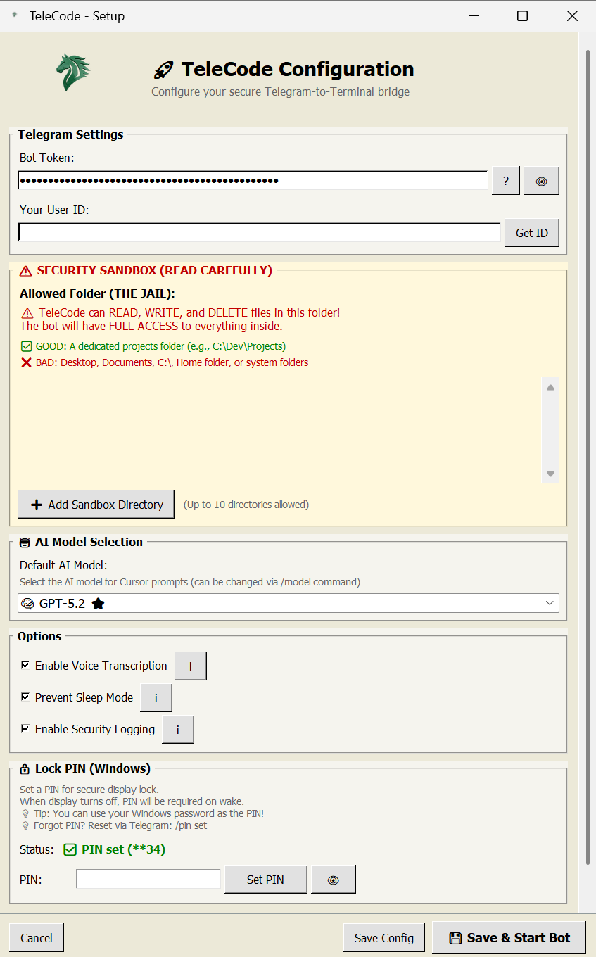 Configuration - TeleCode setup and configuration window