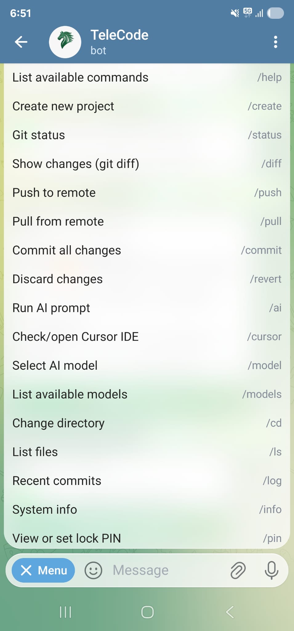 Telegram Menu - Available commands in TeleCode